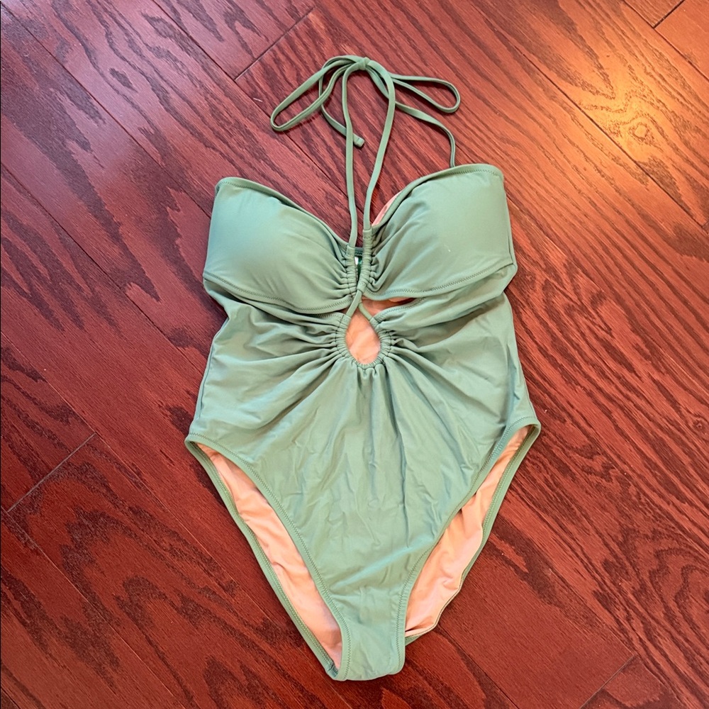 J. Crew Sage Green Halter One-Piece Swimsuit with Front Keyhole